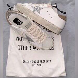 Golden Goose White Leather Dove Gray Glitter Star Nubuck Heel Shoes Sneakers 40